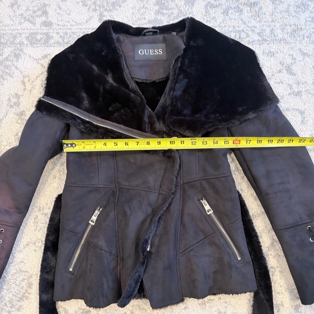 GUESS Faux Fur Belted Moto Jacket Black Y2K Glam Gothic Lace Mobwife M Upcycle - Picture 11 of 15